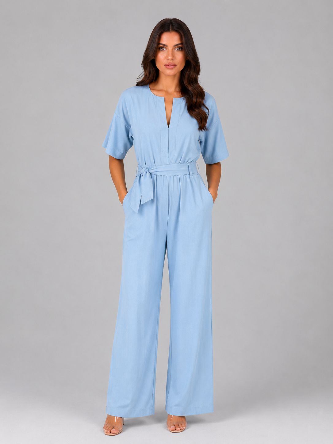 Women's Wide Leg Jumpsuit with Tie Waist – Casual Everyday One-Piece