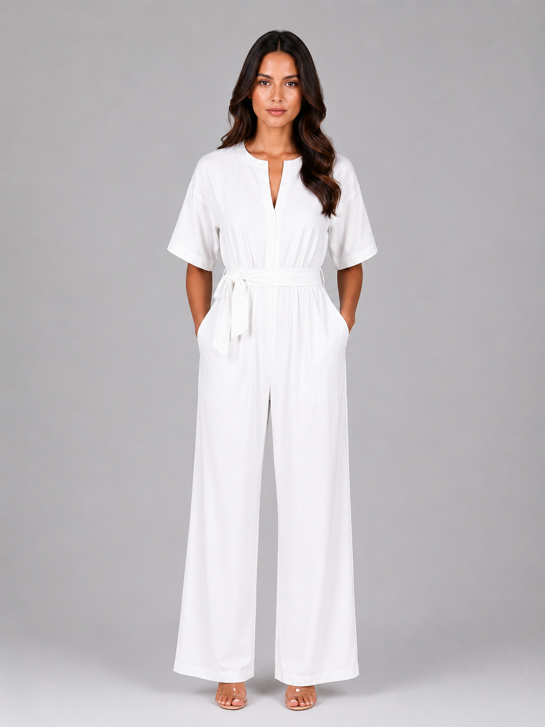 Women's Wide Leg Jumpsuit with Tie Waist – Casual Everyday One-Piece