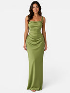 Women's Satin Maxi Dress – Ruched Waist