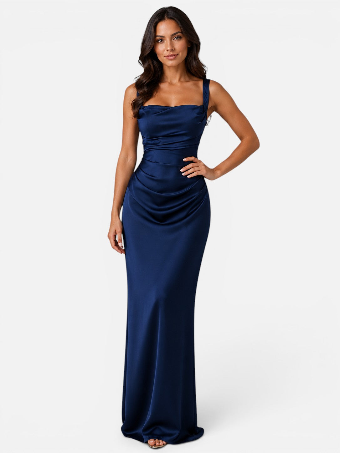 Women's Satin Maxi Dress – Ruched Waist