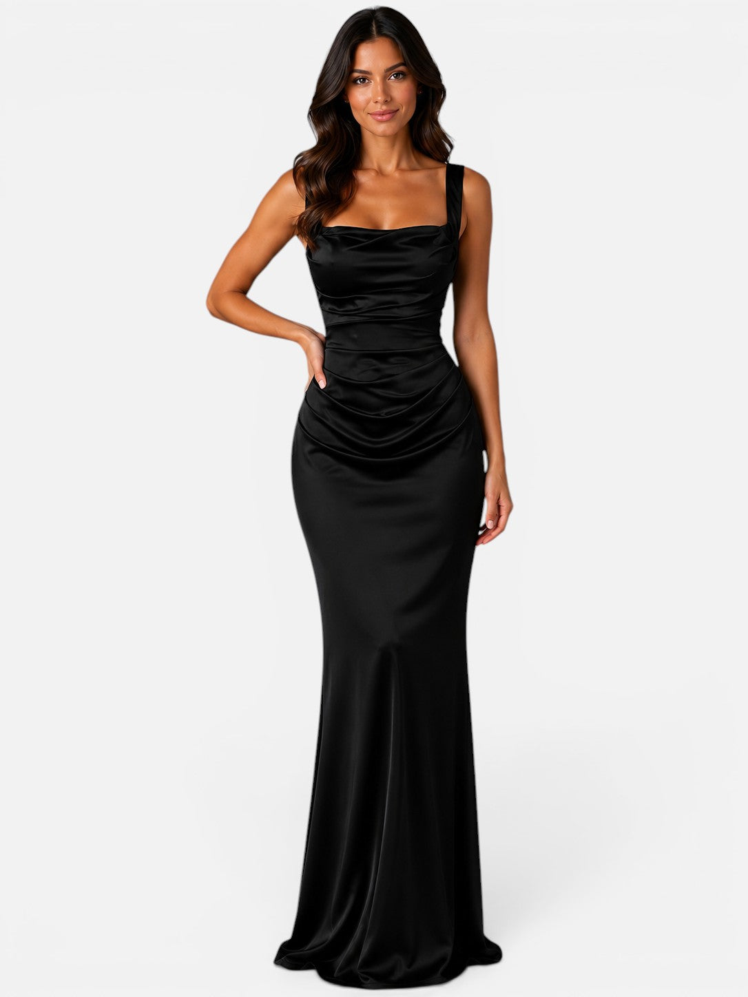 Women's Satin Maxi Dress – Ruched Waist