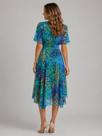 Women's Floral V-Neck Midi Dress Flutter Sleeve Summer Dress