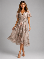 Women's Floral V-Neck Midi Dress Flutter Sleeve Summer Dress