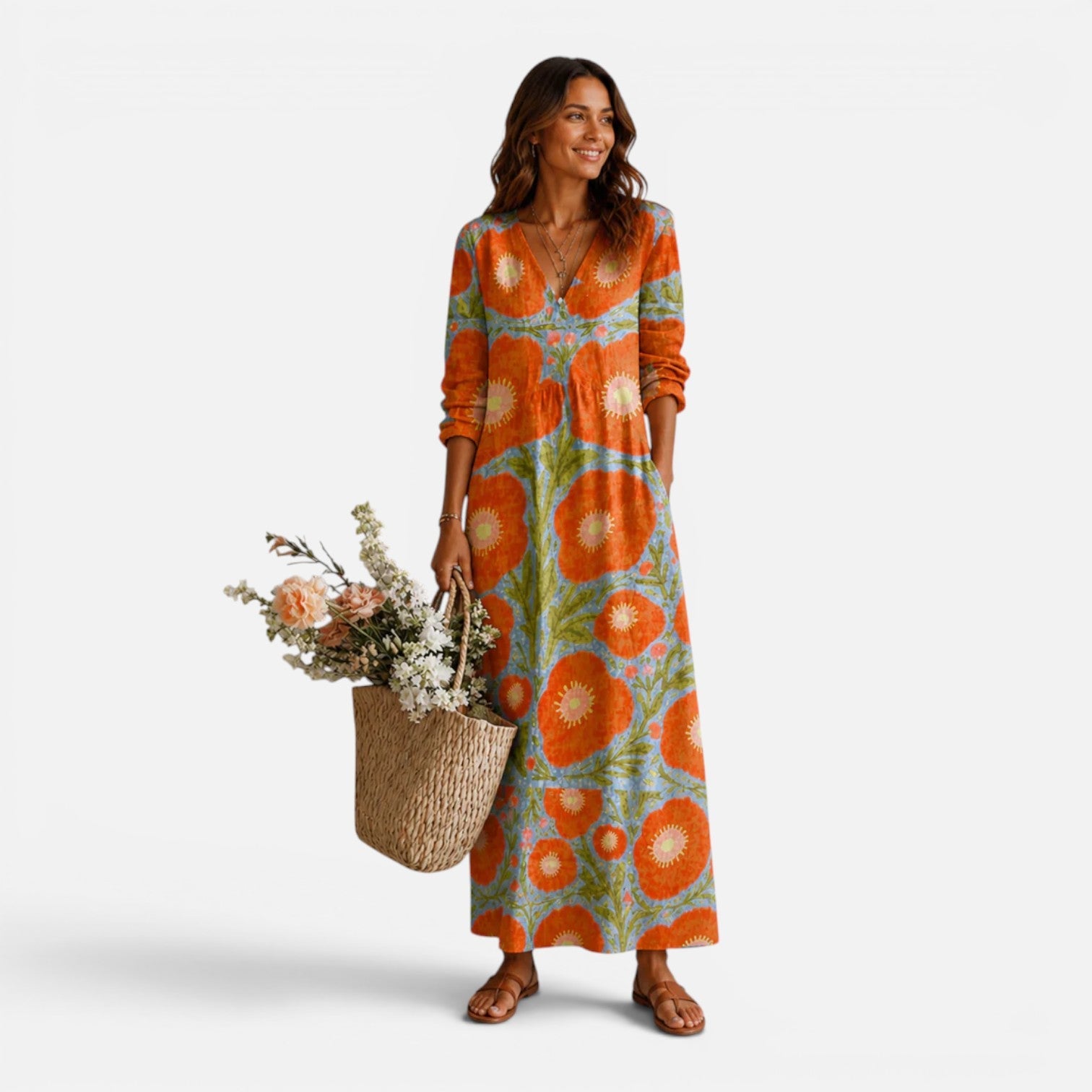 Women's Floral Boho Maxi Dress V-Neck Relaxed Summer Fit