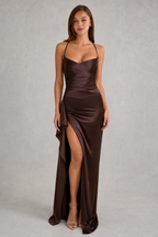 Women's Satin Evening Dress Ruched Maxi Dress with Split