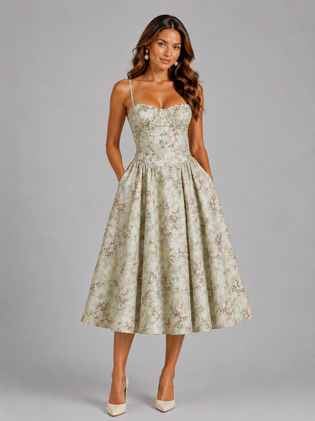 Women's Floral Midi Dress – Corset Fit & Flare Dress