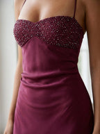 Women's Satin Halter Maxi Dress with Beaded Bodice
