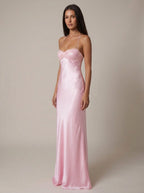 Women's Satin Halter Maxi Dress with Beaded Bodice