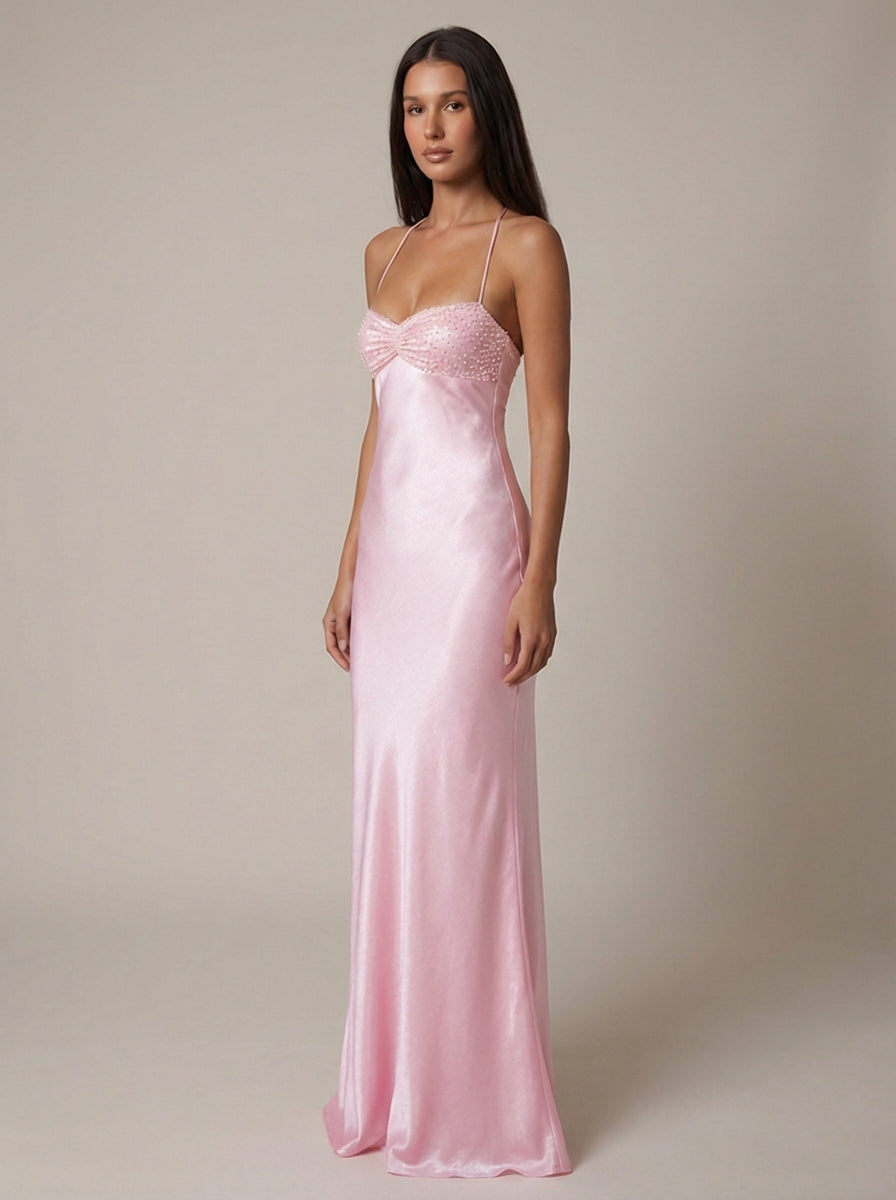 Women's Satin Halter Maxi Dress with Beaded Bodice