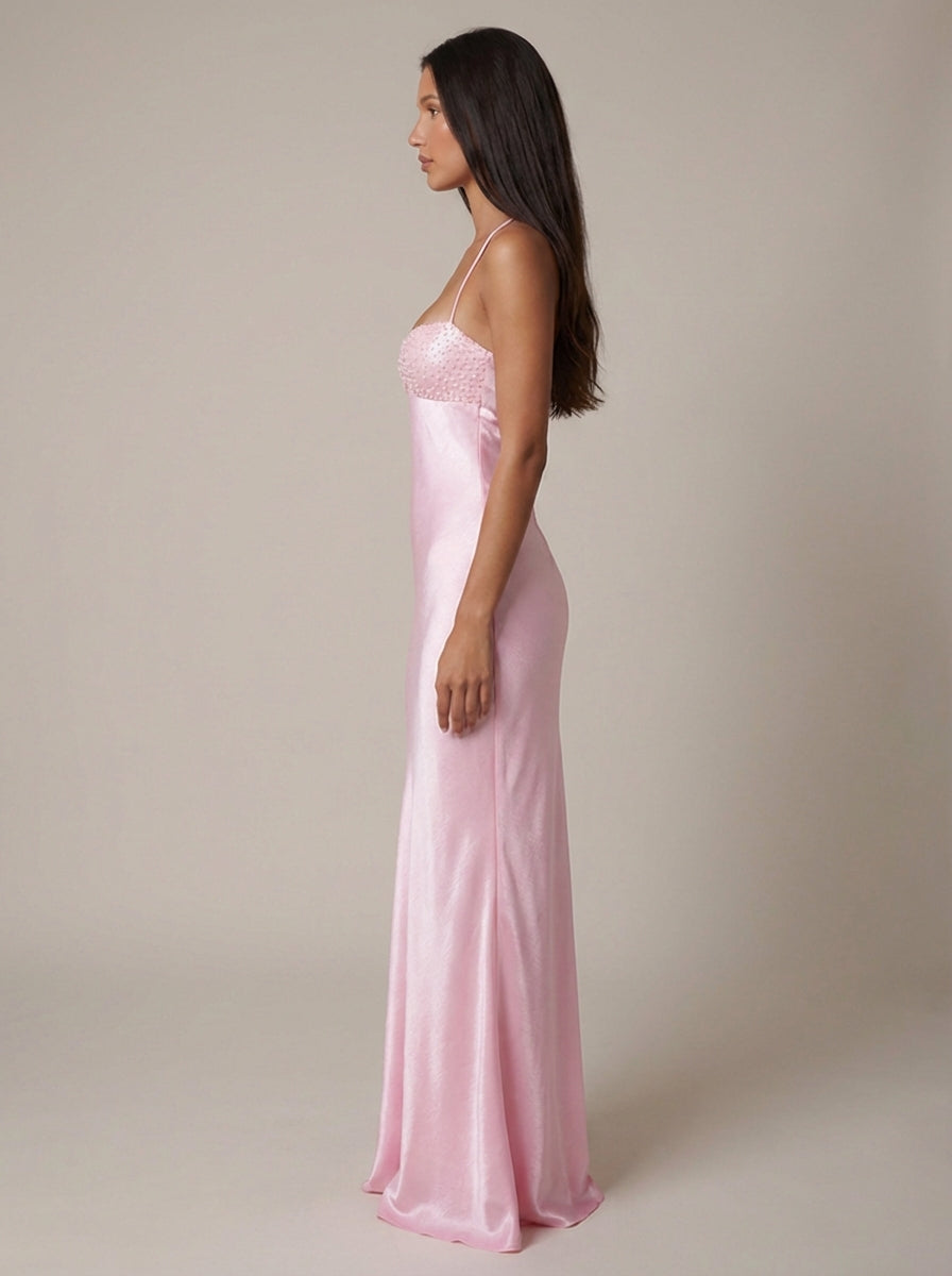 Women's Satin Halter Maxi Dress with Beaded Bodice