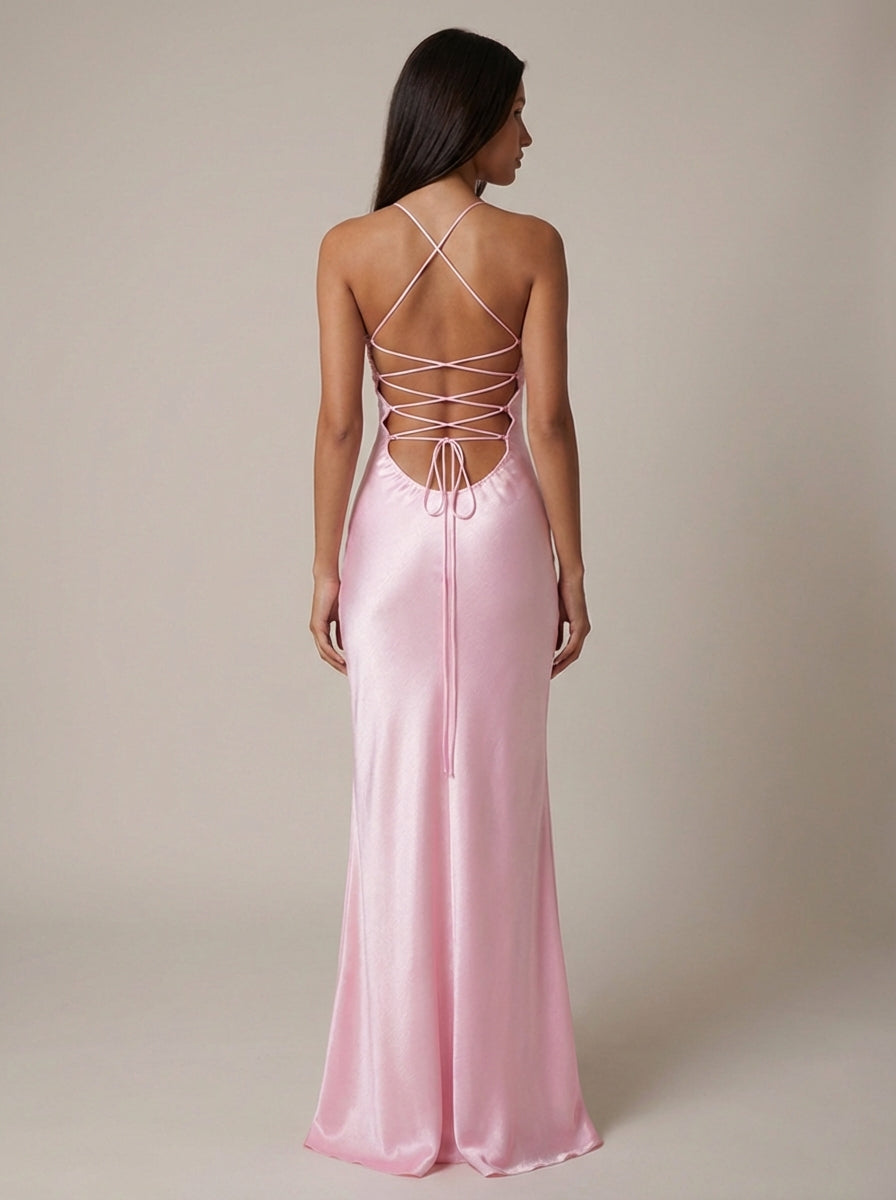 Women's Satin Halter Maxi Dress with Beaded Bodice