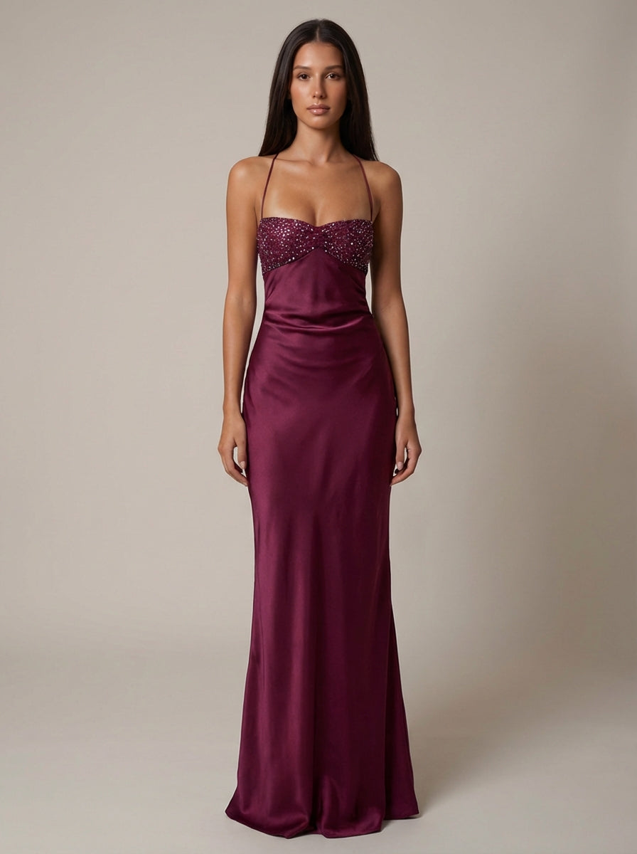 Women's Satin Halter Maxi Dress with Beaded Bodice