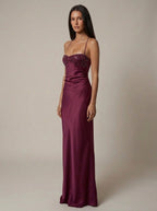 Women's Satin Halter Maxi Dress with Beaded Bodice