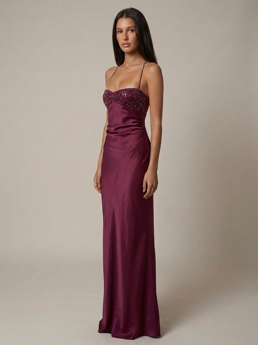 Women's Satin Halter Maxi Dress with Beaded Bodice