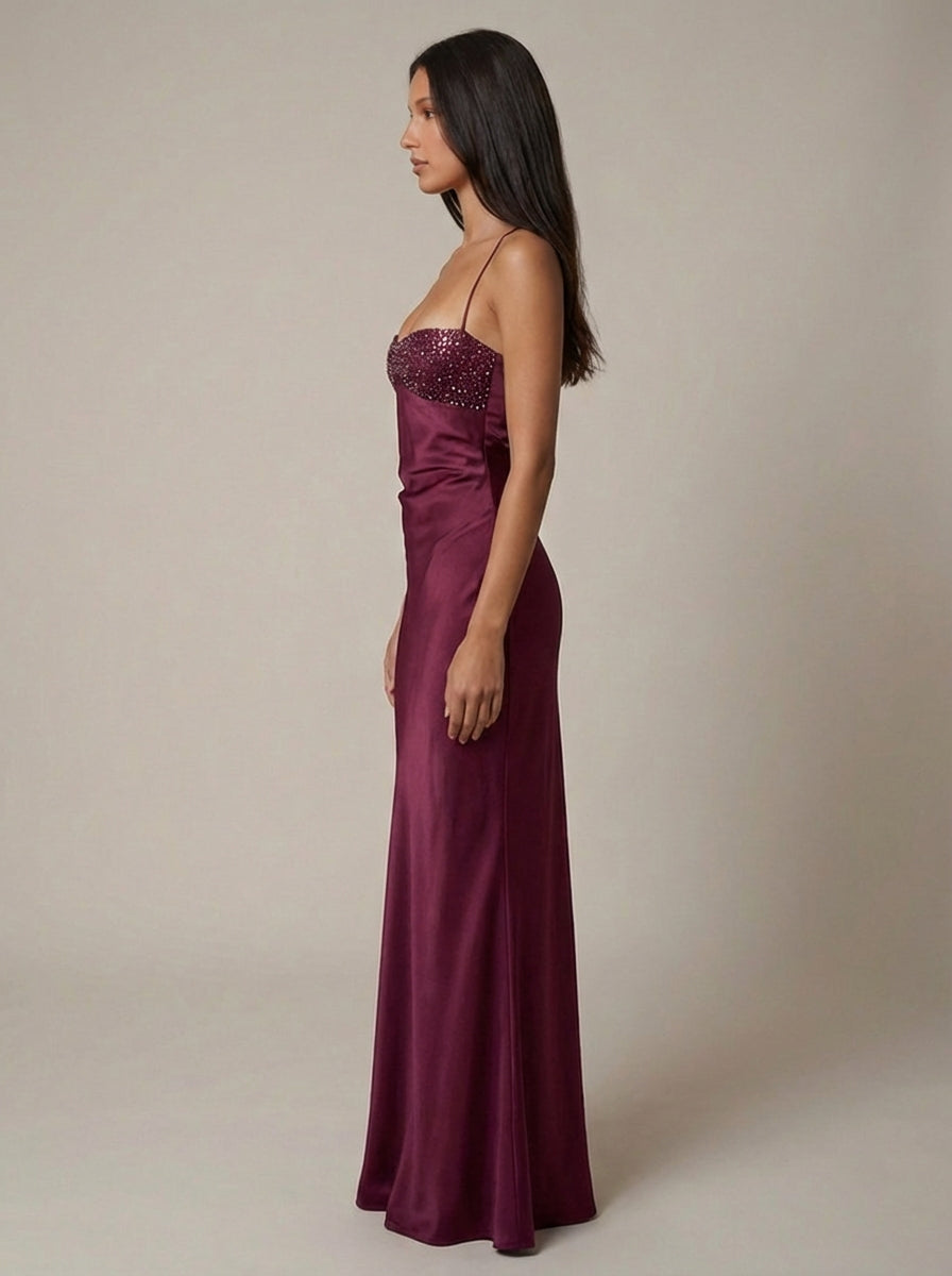 Women's Satin Halter Maxi Dress with Beaded Bodice