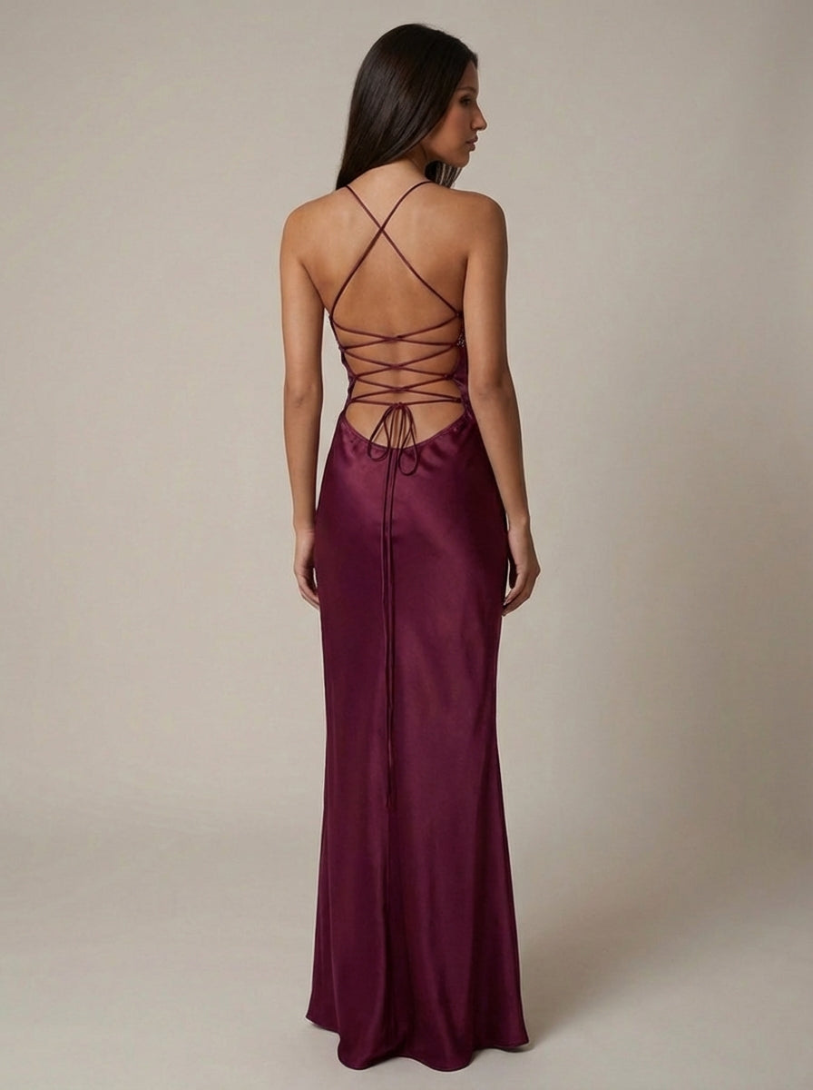Women's Satin Halter Maxi Dress with Beaded Bodice