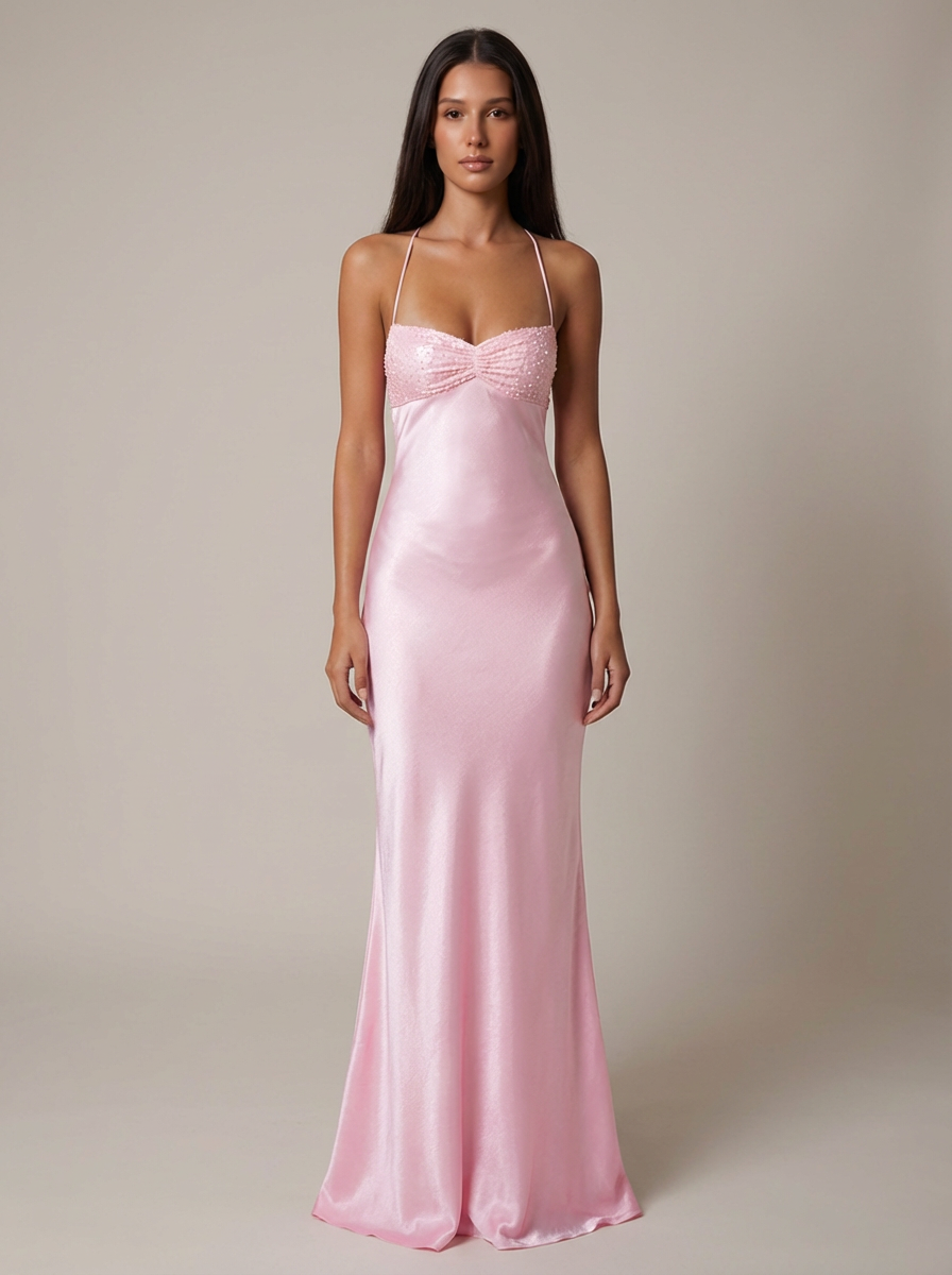 Women's Satin Halter Maxi Dress with Beaded Bodice
