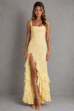 Women's Lace Maxi Dress with High Split & Ruffle Hem