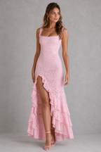 Women's Lace Maxi Dress with High Split & Ruffle Hem