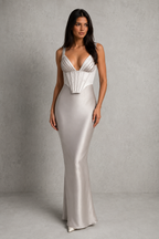 Women's Satin Corset Maxi Dress with Lace-Up Back