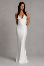 Women's Satin Corset Maxi Dress with Lace-Up Back